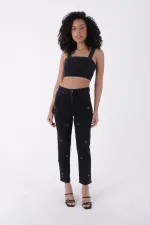İncili Çiçek Desenli Mom Fit Kot Pantolon  7022-23-(26-31)