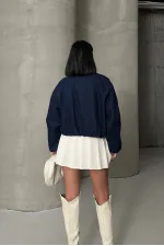 Cropped Zip-Up Jacket 6198-17-(S-L-3) Slubbed Navy Blue