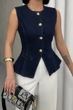 Belden Oturtmalı Düğmeli Kot Yelek 6086-17-(S-XL)