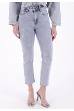 Çapraz Taşlı Mom Fit Kot Pantolon 7054-08-(26-31)