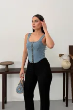 Fermuarlı Denim Büstiyer 411-25-(S-L-3)