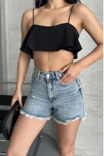 Ripped Denim Short with Fringe Ending 225-14-(36-42-6-2) Light Blue and Tinted Ripped Denim Short with Fringe Ending 225-14-(36-42-6-2) Light Blue and Tinted