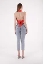 Fringe Ending High Waisted Mom Fit Jean  764-08-(26-33) Snow Light Blue