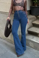 Side Tie Detailed Jeans 7095-26-(26-31) Regular Dark Blue