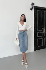Mid Length Denim Skirt with Triangle Detail  1041-15-(XS-XL) Light Blue Denim