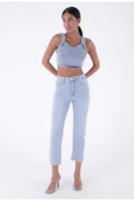 Fringe Ending High Waisted Mom Fit Jean  764-42-(32-36) Ice Blue - Tinted