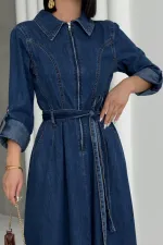 Püsküllü Uzun Kollu Kot Elbise  3016-26-(S-XL)