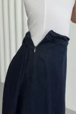 Ruffled Long Skirt with Elasticated Waist  1063-17-(S-XL) Slubbed Navy Blue