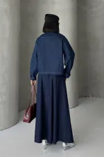 Ruffled Long Skirt with Elasticated Waist 1063-17-(36-44) Slubbed Navy Blue