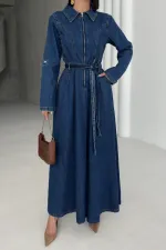 Püsküllü Uzun Kollu Kot Elbise  3016-26-(S-XL)