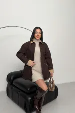 Velvet Piece Detailed Zippered Denim Jacket 6129-78-(S-XL) Brown