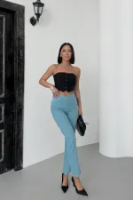 Fringe Ending High Waisted Mom Fit Jean 764-86-(28-33) Aqua Blue