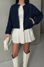 Cropped Zip-Up Jacket 6198-17-(S-L-3) Slubbed Navy Blue