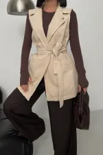 Belted and Cross Over Collar Denim Vest 6137-65-(S-XL) Stone