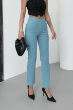 Fringe Ending High Waisted Mom Fit Jean 764-86-(28-33) Aqua Blue