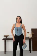 Fermuarlı Denim Büstiyer 411-25-(S-L-3)