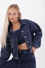 Oversize Short Denim Jacket with Stars and Rhinestones 6005-26-(S-L-5) Regular Dark Blue Oversize Short Denim Jacket with Stars and Rhinestones 6005-26-(S-L-5) Regular Dark Blue