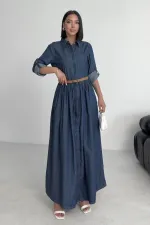 Büzgü Detaylı Uzun Kot Elbise  3048-26-(S-XL)