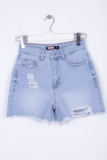 Ripped Denim Short with Fringe Ending 225-42-(S-XL-6) Ice Blue - Tinted Ripped Denim Short with Fringe Ending 225-42-(S-XL-6) Ice Blue - Tinted