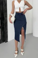 Asymmetric Medium Denim Skirt with Front Darts and Side Slit  122-26-(36-42-6-2) Regular Dark Blue