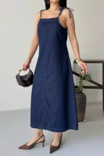Strappy Relax Dress 3085-17-(S-XL) Slubbed Navy Blue Strappy Relax Dress 3085-17-(S-XL) Slubbed Navy Blue