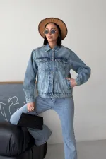 Denim Jacket with Buttons  6081-06-(S-L-3) Middle Blue Denim