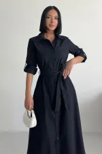 Düğmeli Uzun Boy Kot Elbise 3047-73-(S-XL)
