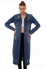 Ripped Long Denim Jacket 680-02-(S-XL) Dark Tinted Denim Ripped Long Denim Jacket 680-02-(S-XL) Dark Tinted Denim