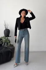 Relaxed Trousers with Stone Embellished Decorative Pockets 7213-62-(27-32) Middle Blue - Tinted