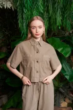 Düğmeli Kısa Kollu Keten Gömlek HS600-74-(S-XL) Düğmeli Kısa Kollu Keten Gömlek HS600-74-(S-XL)
