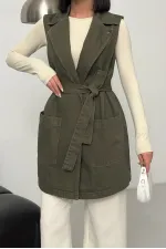 Belted and Cross Over Collar Denim Vest 6137-67-(S-XL) Khaki