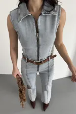 Kuplu Kolsuz Fermuarlı Kot Tulum 3013-08-(S-XL)