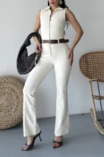 Sleeveless Denim Jumpsuit with Zipper and Belt 3013-80-(S-XL) Natural