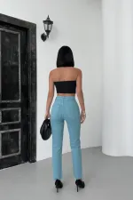 Fringe Ending High Waisted Mom Fit Jean 764-86-(28-33) Aqua Blue