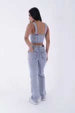 Tasseled Bottom Wide Leg Relax Jean  1726-08-(28-33) Snow Light Blue