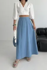 Ruffled Long Skirt with Elasticated Waist 1063-27-(36-44) Rinsed Blue