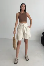Linen Elasticated Waist Shorts HS201-65-(XS-L) Stone