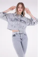 Oversize Short Denim Jacket with Stars and Rhinestones 6005-08-(S-L-5) Snow Light Blue Oversize Short Denim Jacket with Stars and Rhinestones 6005-08-(S-L-5) Snow Light Blue
