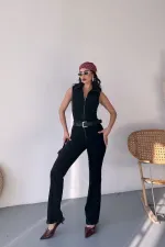Sleeveless Denim Jumpsuit with Zipper and Belt 3013-23-(S-XL) Regular Anthracite