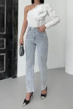 Taşlı Mom Fit Kot Pantolon  7116-08-(26-31)