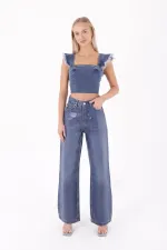 Wide Leg High Waisted Relaxed Jean  718-53-(28-33) Silicone Dark Blue Denim