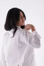 Classic Short Denim Jacket with Decorative Pieces on Shoulders 6076-50-(S-XL-6) White Classic Short Denim Jacket with Decorative Pieces on Shoulders 6076-50-(S-XL-6) White