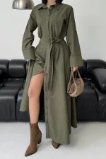 Düğmeli Uzun Boy Kot Elbise  3047-67-(S-XL)