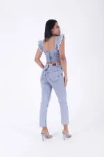 İncili Çiçek Desenli Mom Fit Kot Pantolon  7022-08-(28-33)