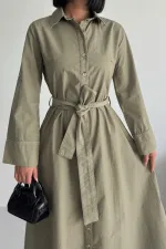 Düğmeli Uzun Boy Kot Elbise 3047-74-(S-XL)