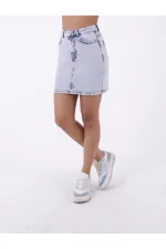 Short Length Denim Skirt with Stitched Hem 1036-08-(S-XL-6) Snow Light Blue