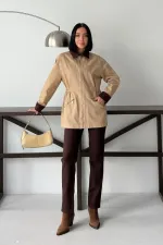 Velvet Piece Detailed Zippered Denim Jacket 6129-70-(S-XL) Camel