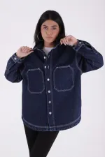 Oversize Denim Jacket with Octagonal Pocket and Stitching Detail 6069-17-(S+L+4) Slubbed Navy Blue Oversize Denim Jacket with Octagonal Pocket and Stitching Detail 6069-17-(S+L+4) Slubbed Navy Blue
