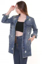 Fringe Finish Boyfriend Denim Jacket 679-62-(S-XL-6) Middle Blue - Tinted Fringe Finish Boyfriend Denim Jacket 679-62-(S-XL-6) Middle Blue - Tinted
