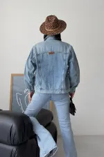 Denim Jacket with Buttons  6081-06-(S-L-3) Middle Blue Denim